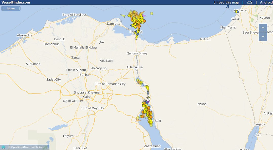 Karte Frachtschiff Ever Given steckt im Suez Kanal fest