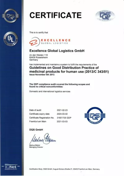 GDP Zertifikat der Excellence Global Logistics GmbH