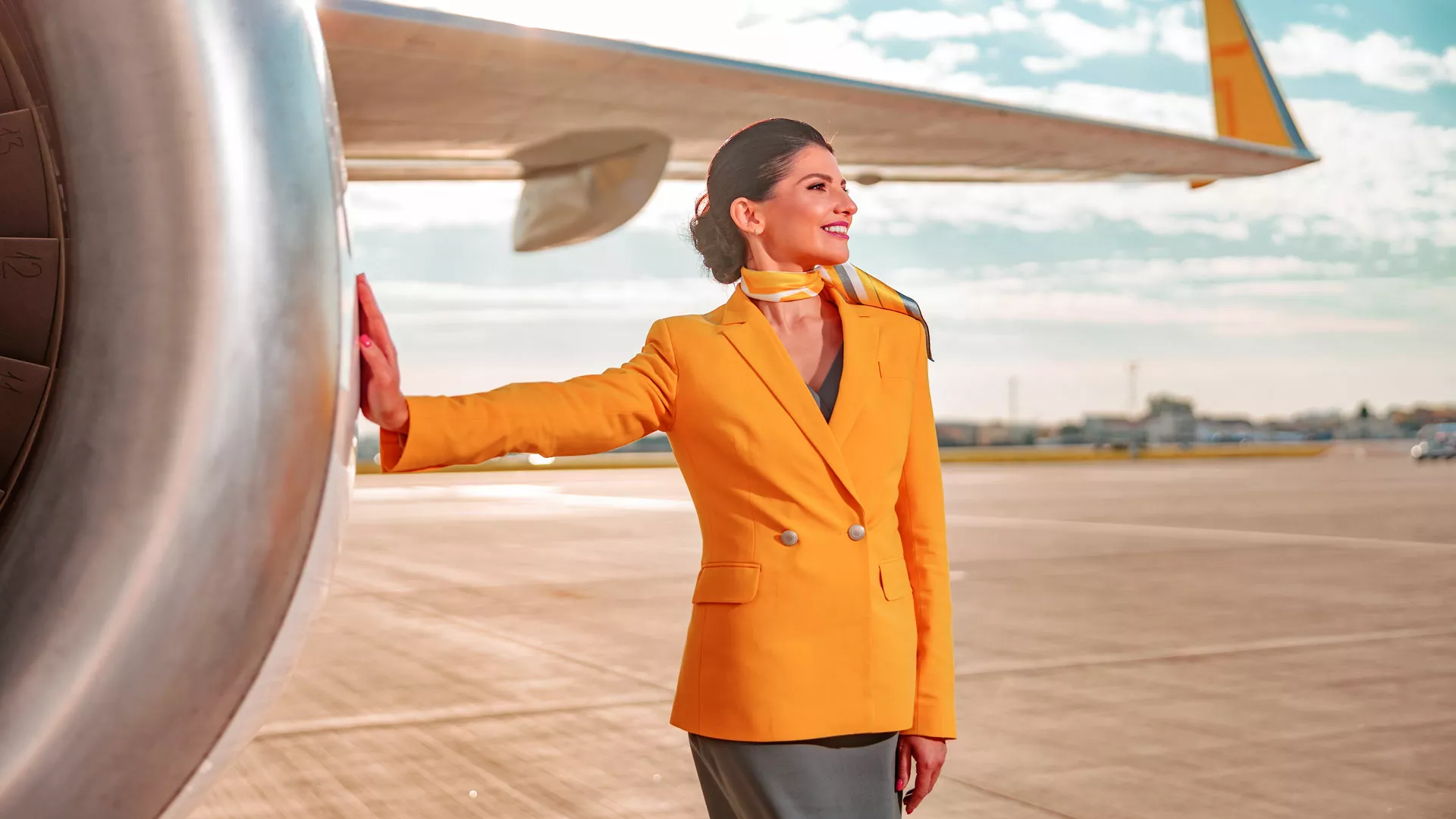 Gut gelaunte Mitarbeiterin einer Fluggesellschaft in der Nähe eines Flugzeugs auf dem Flugplatz