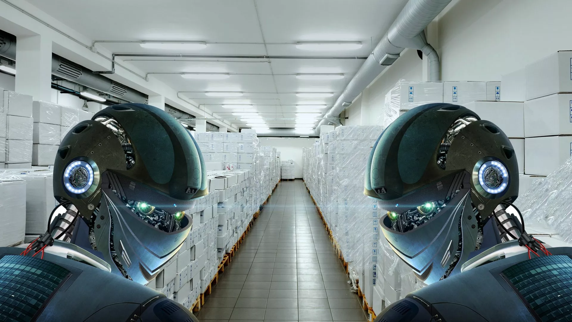 Logistik Trend: Roboter im Warenlager Symbolbild: 2 futuristische Roboter im Warenlager