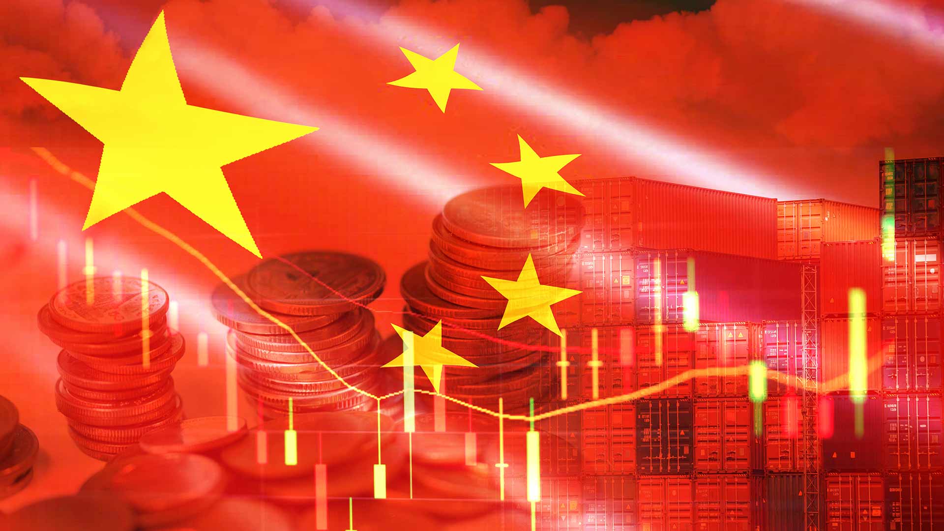 Fotomontage chinesische Flagge, Frachtcontainer und Geldmünzen