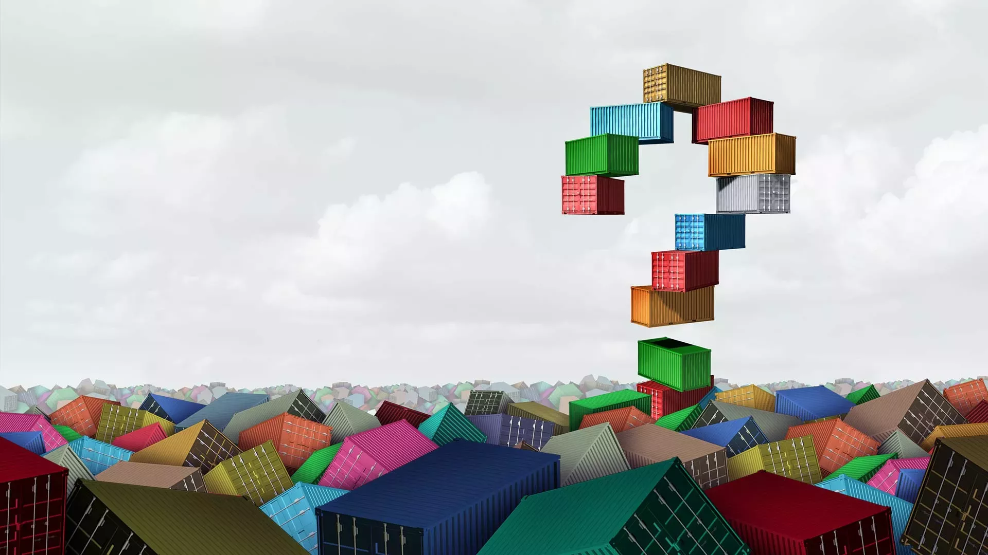 3D illustration mit einem Stapel Frachtcontainer und einem Fragezeichen