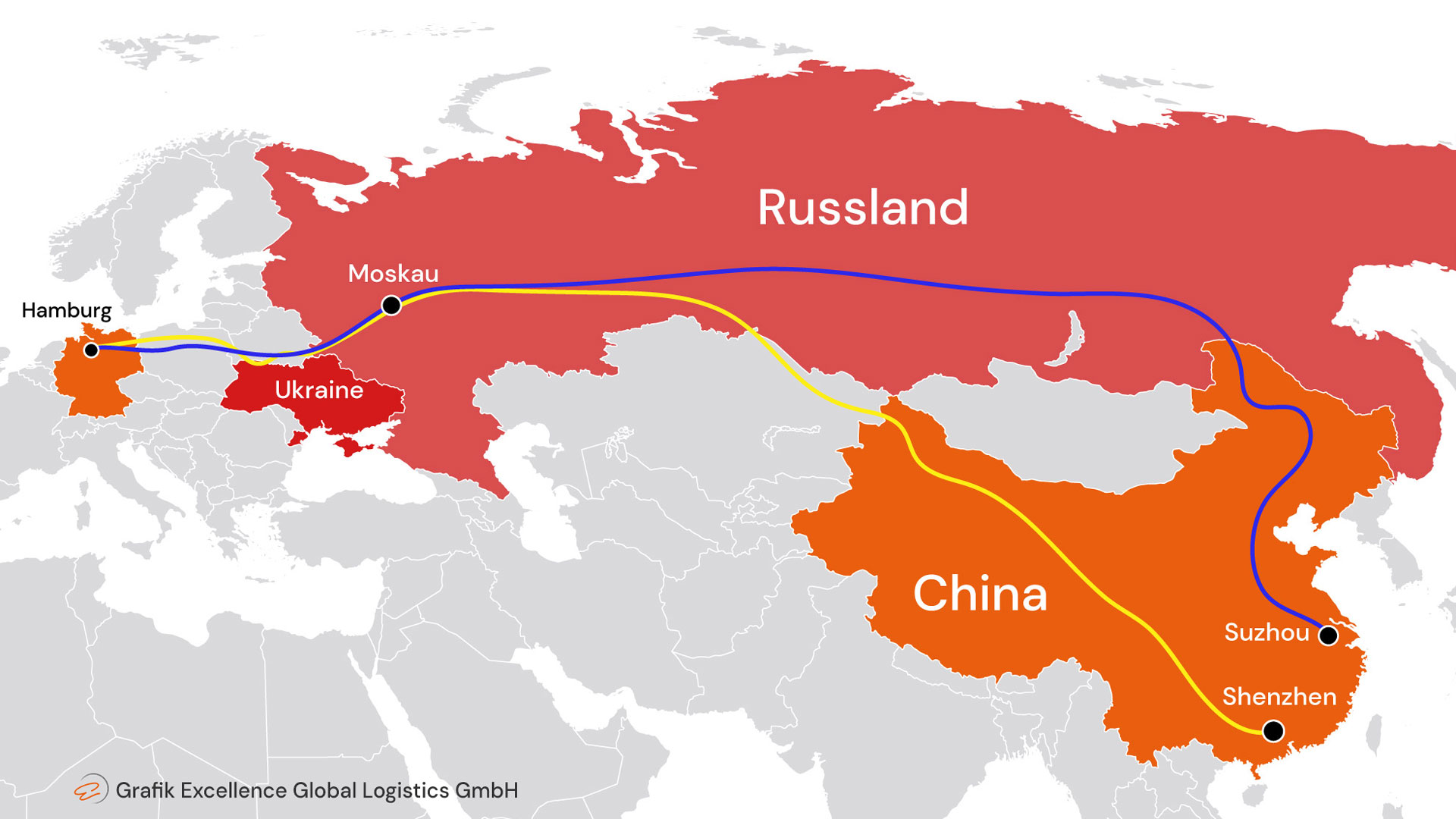 Karte Europa Asien mit Transportrouten China Deutschland