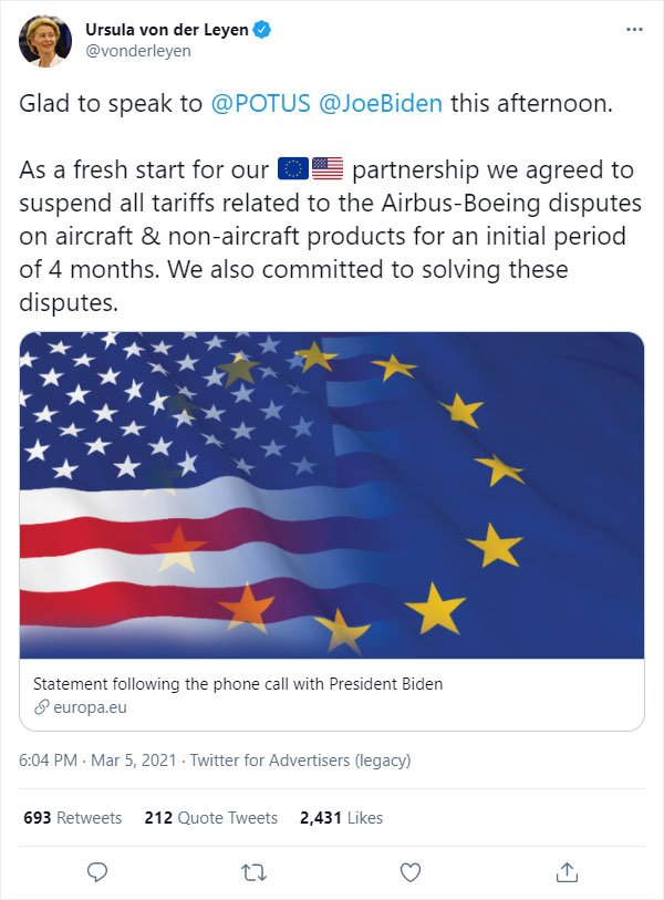 Tweet zur Aussetzung Zölle im Flugzeugbau